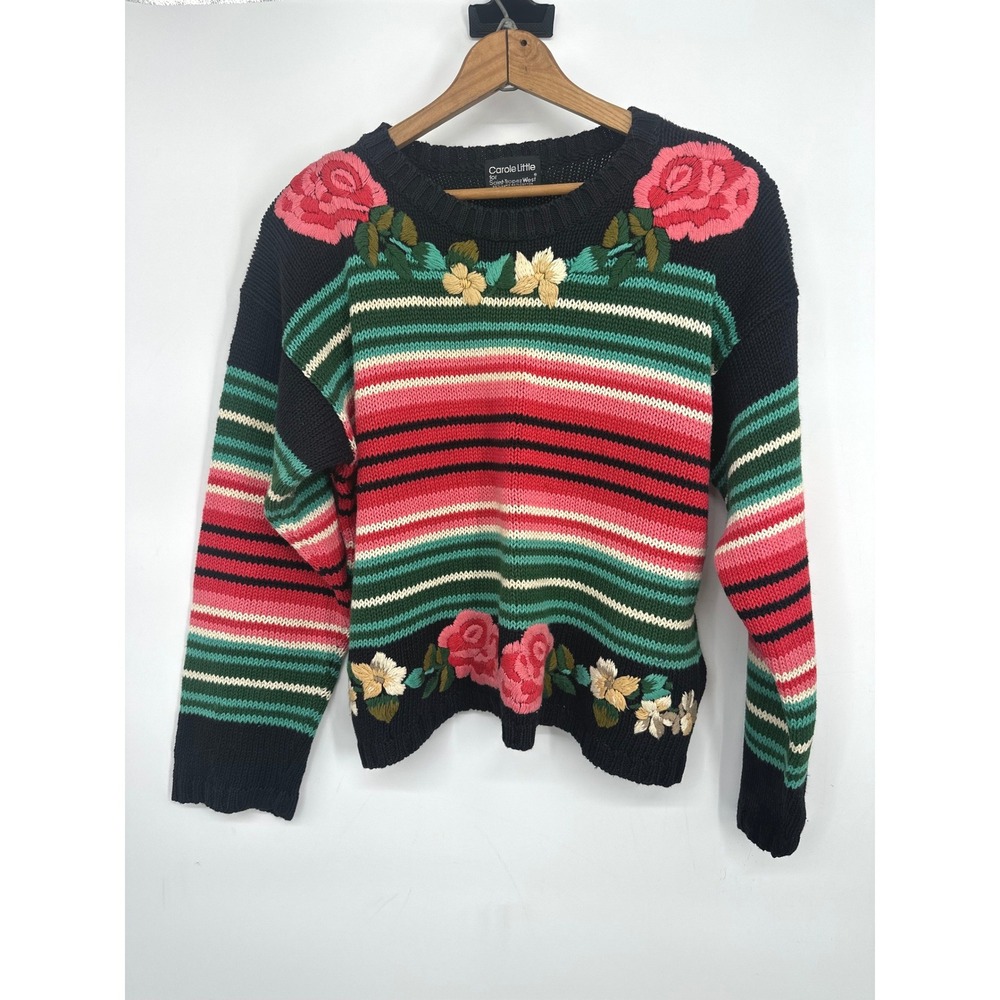 Vintage Carole Little Sweater Women M Black Floral Stripe Embroidered 90s Boho